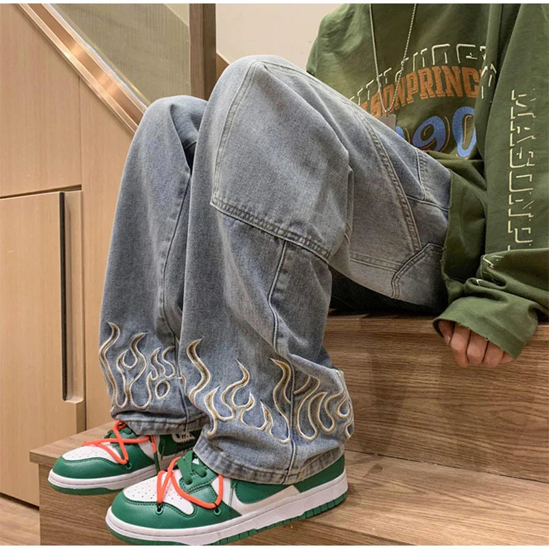 saferido Men Jeans 2024 Spring Fashion Flame Embroidery Neutral Loose Straight Casual Simple Wide Leg Denim Trousers Male Hip Hop Pants