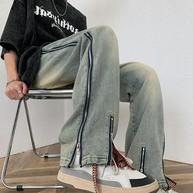 saferido Trousers Straight Jeans for Men with Slits Hip Hop Male Cowboy Pants Punk Wide Leg Baggy 2024 Korean Autumn Designer Cotton Kpop