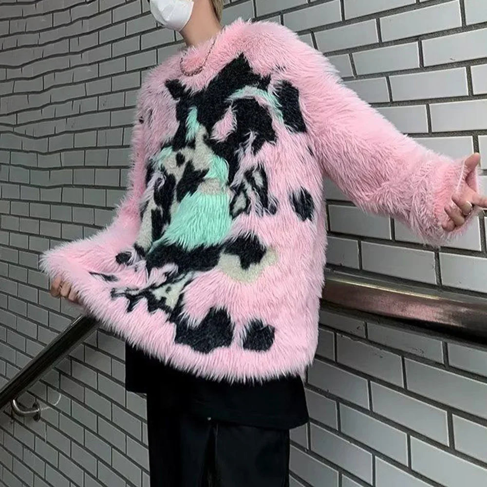 saferido Mens Y2k American Street Pink Graffiti Knitted Sweater Genderless Autumn Winter Fashion Casual Lazy Style Plush Top Unisex