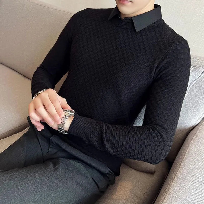 saferido Fake-2Pieces Top Quality Gentlemen Sweater Men Clothing Fashion Slim Fit Casual Knitted Pullovers Pull Homme Korean Style S-4XL