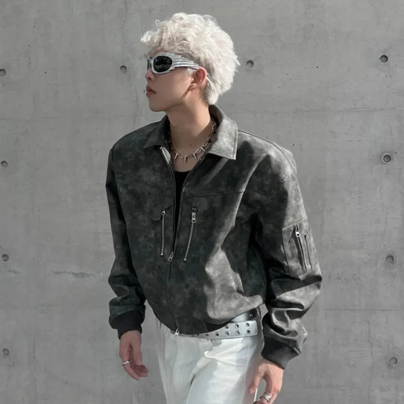 saferido Mens Cropped PU Leather Jacket Fashion Turn-down Collar Gradient Color Retro Coat Zipper Men's Motorcycle Outwear Spring Pink