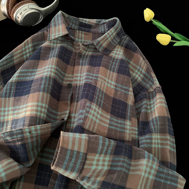 saferido Korean Street Plaid Shirt Coat Men's Long Sleeve Turn Down Collar Casual Shirts Vintage College Style Unisex Fashion Clothing