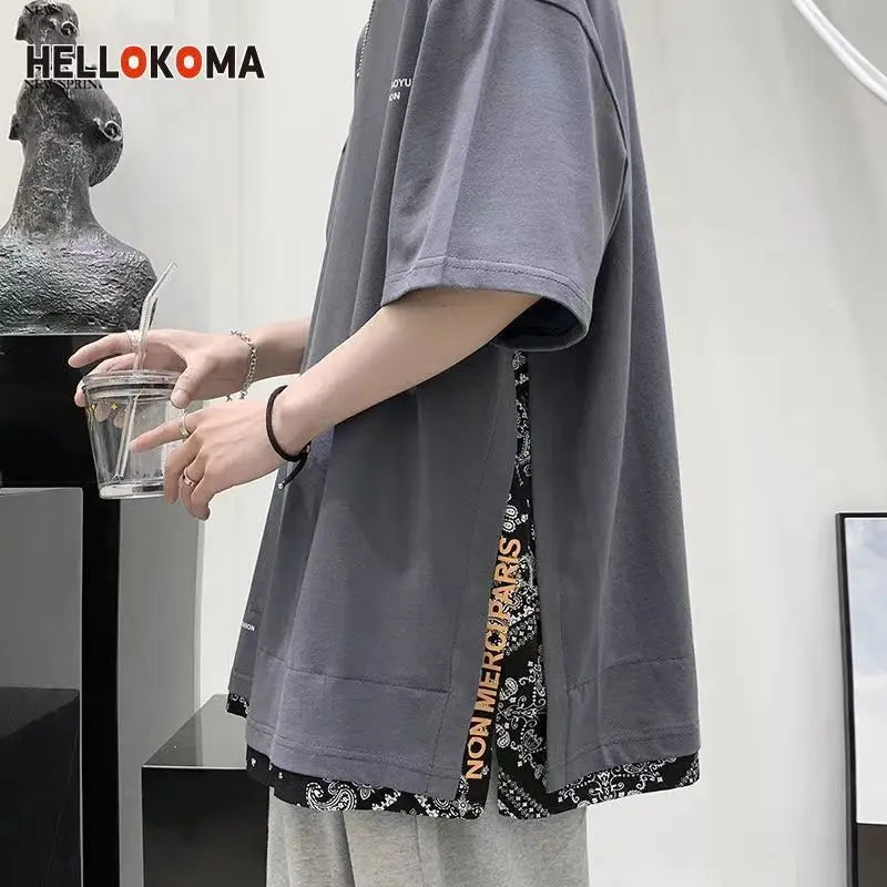 saferido Street Casual Fashion Loose Pullovers Patchwork T-Shirts Short Sleeve Man Spring Summer Thin Hooded Round Neck Men's Clothing
