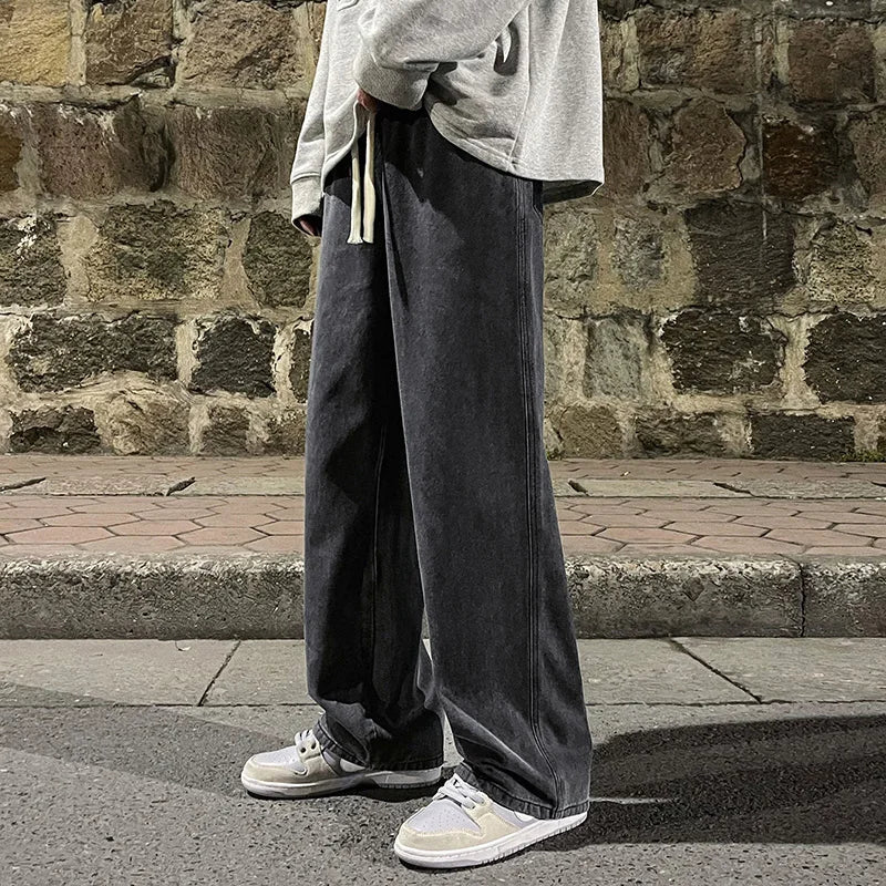 Korean Fashion Men's Baggy Jeans Elastic Waist Classic olid Color Straight-leg Denim Wide-leg Pants Male Light Blue Grey Black