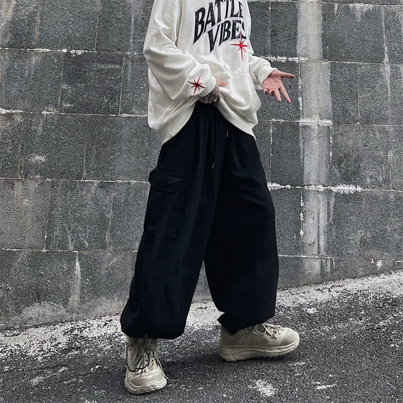 Big Pocket Cargo Pants Men's Casual Solid Color Straight Pants Baggy Wide-leg Ankle-length Pants Men Elastic Waist Pants