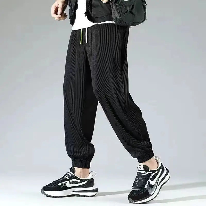saferido Summer Thin Ice Silk Straight Loose Casual Pants Men Solid Korean Elastic Waist Drawstring Patchwork Pocket Wide Leg Trousers