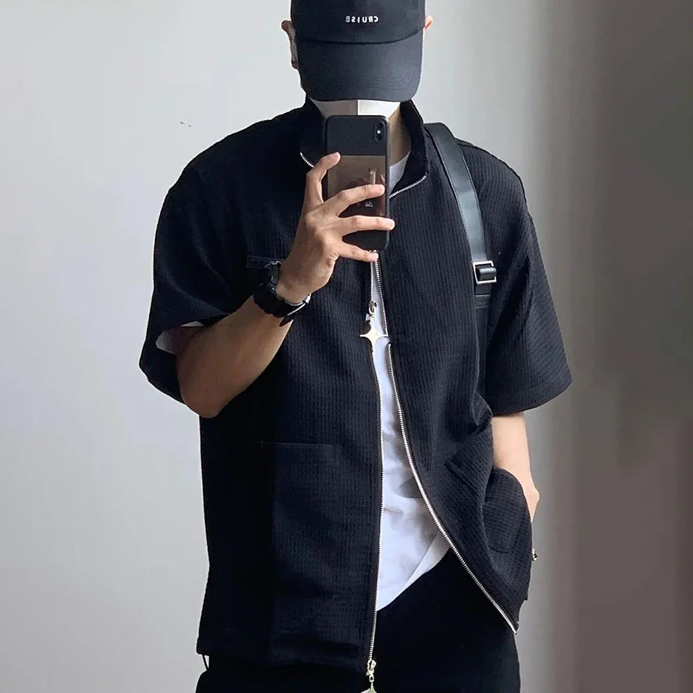 saferido Spring Summer Solid Waffle Shirt Men Zipper Shirts Trend Stand Collar Short Sleeve Tops Unisex Man Shirts Oversized Streetwear F