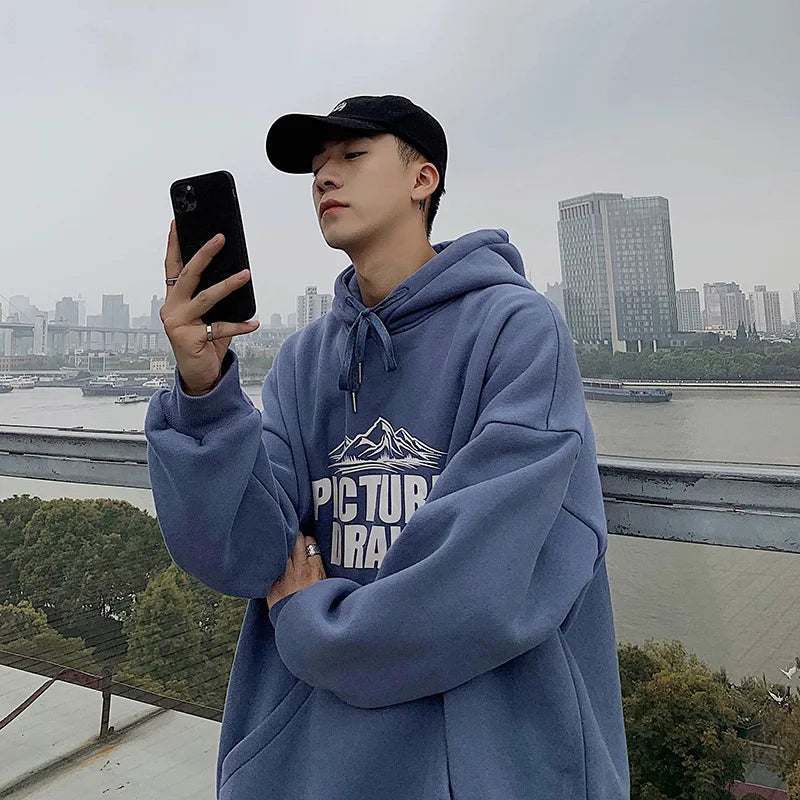 Letter Printing Hoodie Men Oversized Hooded Sweatshirts Fleece Autumn and Winter Korean Fashion Couple Clothing Pullover Hoodies