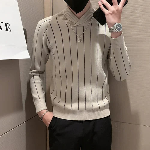 saferido Korean Style Men Winter High Quality Knitted Sweaters/Male Slim Fit Fashion Striped Casual Knit Sweater Men V-neck Pullover 3XL