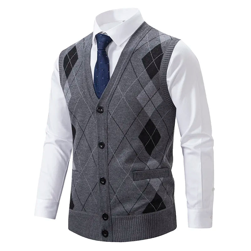Spring Autumn Male Vest Sleeveless Sweater Fleece Warm Knitted Jackets Checkered Business Casual Button Up Coat Men's Clothing