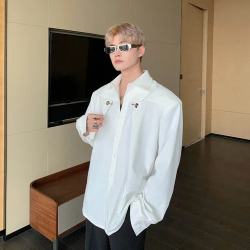 saferido Spring Autumn Fashion Korean Spring Long Sleeve Men Shirt Loose Casual Black White Solid Color Turn-down Collar Simple