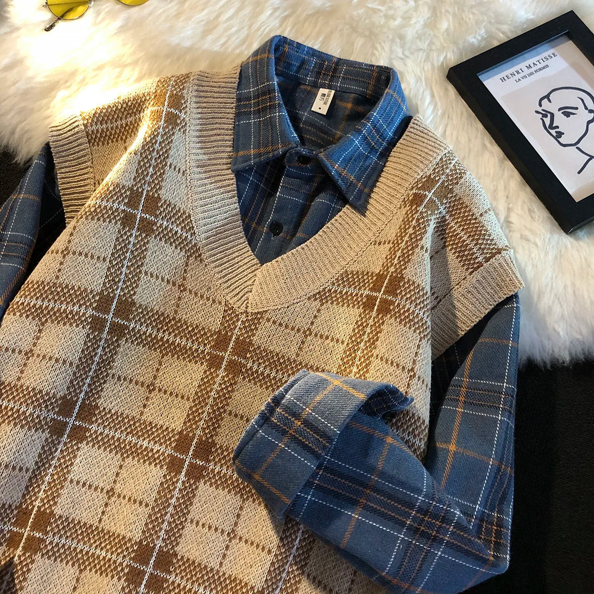 saferido Men's Knitted Sweater Vest Spring Autumn Casual Vest Korean Fashion Plaid Sleeveless Tops Knit Bottoming Shirt Male Clothes