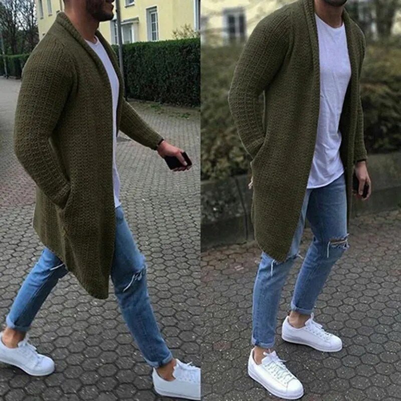 New Mens Knitted Cotton Cardigan Fashion Long Sweaters Male Casual Solid Long Sleeve Slim Outwear Autumn Winter Warm Jacket