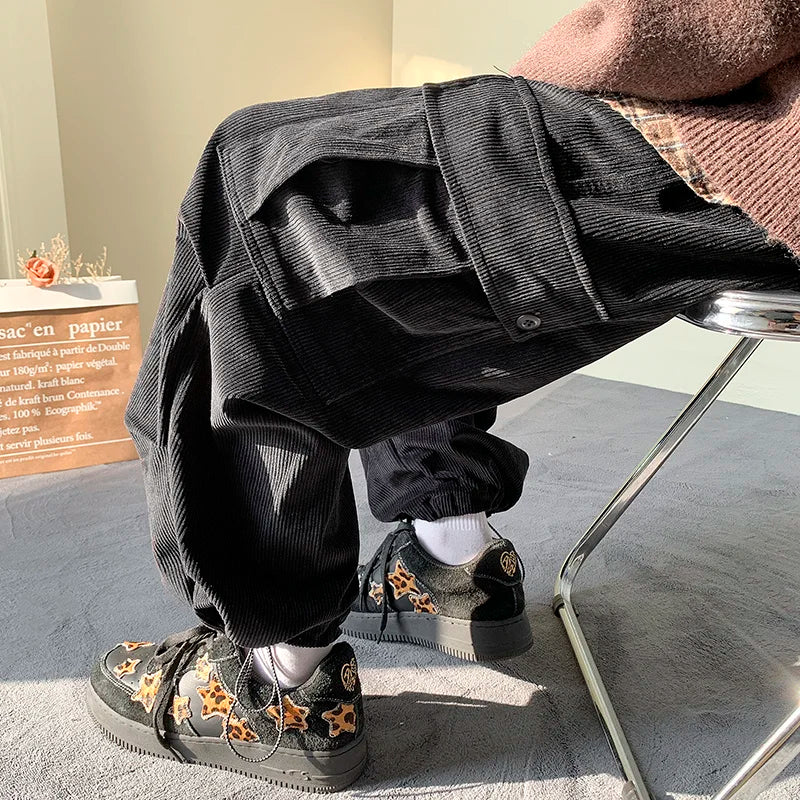 saferido Winter Thickened Corduroy Pants Men Oversize Pocket Cargo Pants Men Streetwear Hip Hop Loose Straight Pants Mens Thick Trousers