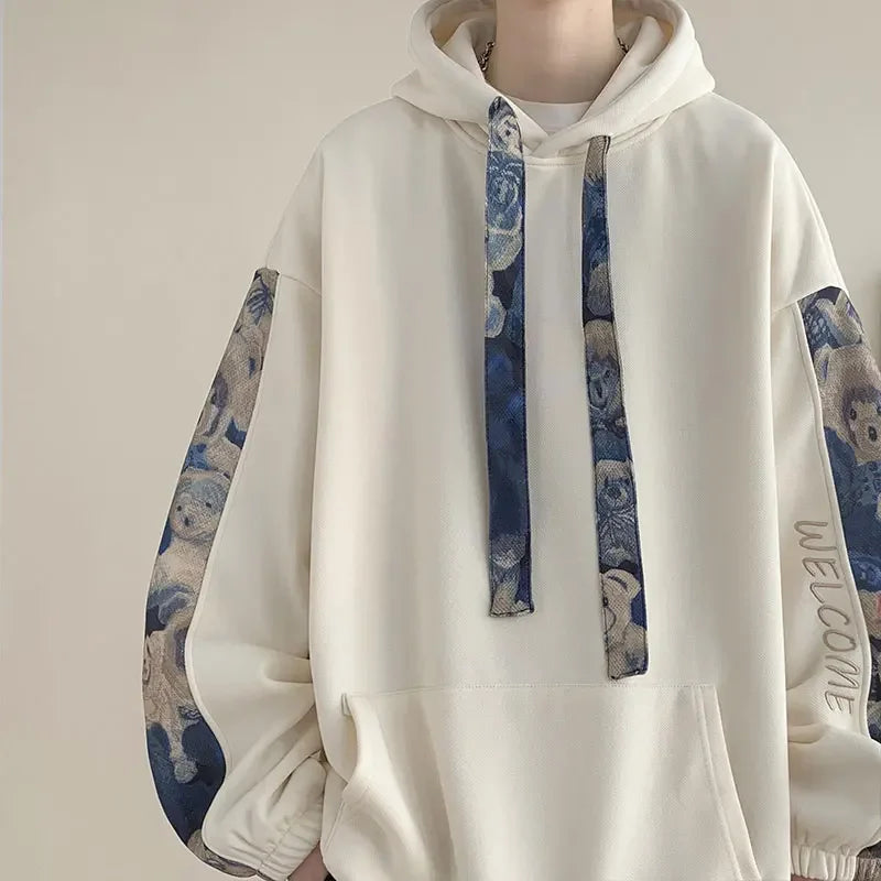saferido Korean Style Streetwear Men Hooded Sweatshirt Trendy Side Embroidery Design Loose Hoodie Casual Drawstring Hoodies