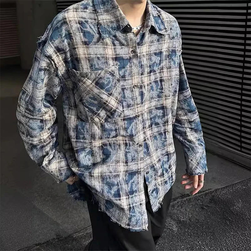 Autumn Men's Clothing Light Luxury Texture Plaid Shirts Korean Popular Vintage Long Sleeve Button-down Check Ripped Shirts