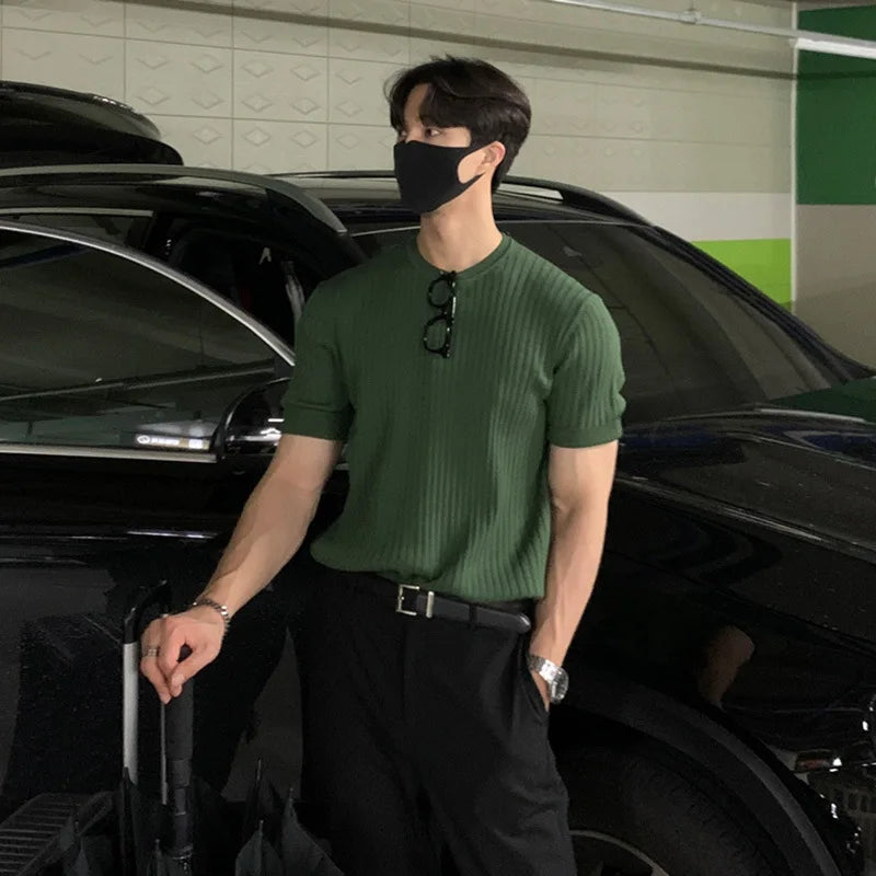 Men's Clothing Luxury Knitted T Shirt Casual Korean O Neck Solid Color Short Sleeve Tees for Men Breathable Summer Knitwear