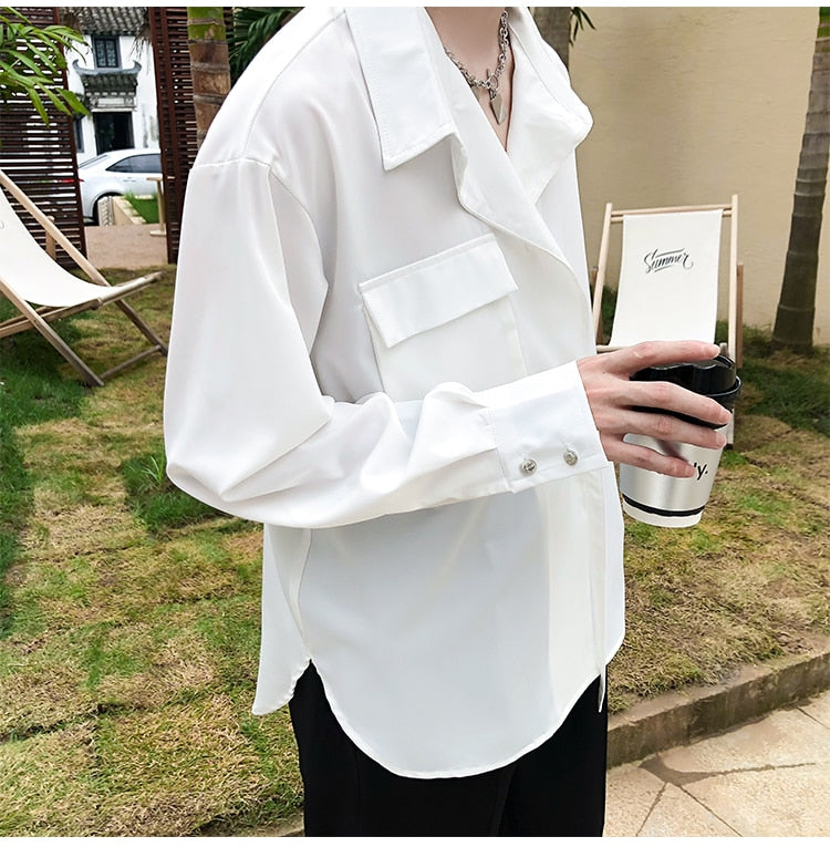 saferido       Solid Shirts Men Long Sleeve Fashion  Casual Loose Blouse Male Luxury Breathable Masculina Clothes Classic Button Tops A95