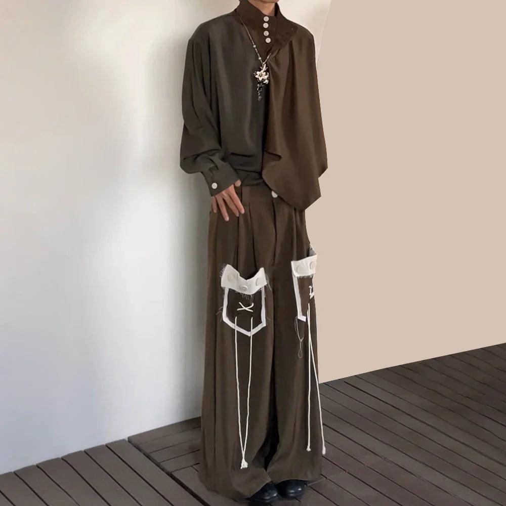 saferido Mens Japanese Loose Lazy Style Culottes Retro Tassel Drape Contrasting Color Splicing Casual Comfortable Simple Trousers For Men