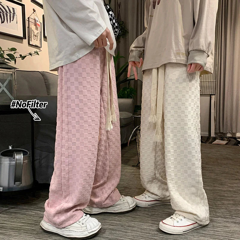 saferido Straight Wide Leg Knitted Sweatpants Men's Spring Autumn Solid Color Plaid Casual Pants Sports Trend Classic All-match Trousers
