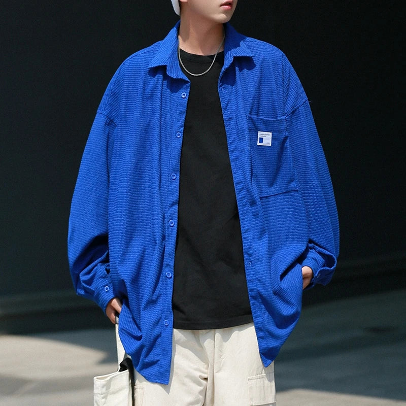 saferido Blue Minimalist Shirts For Men Korean Style Solid Long Sleeve Turn Down Collar Shirt Comfortable Blouses Casual Plus Size