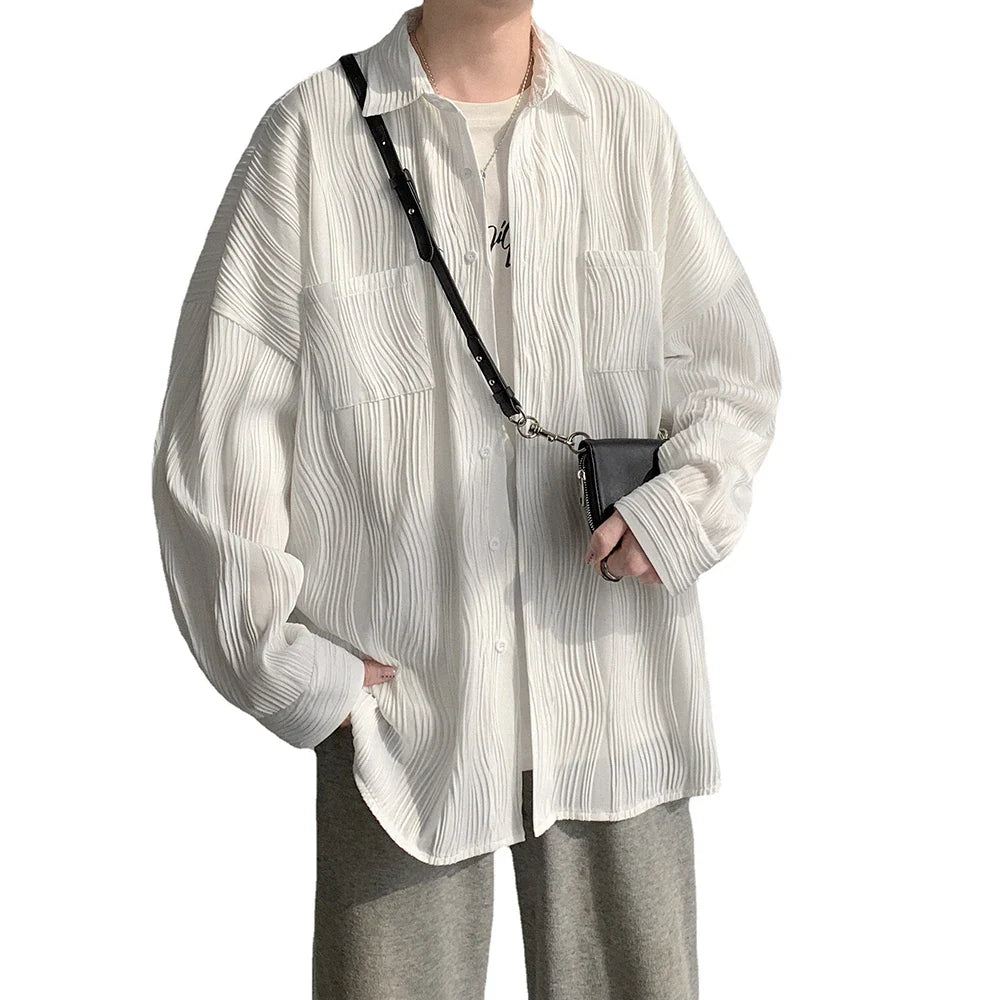 saferido Spring Black White Pleated Shiert Men Fashion Oversized Casual Shirt Men Korean Loose Pocket Long Sleeve Shirts Mens Dress Shirt
