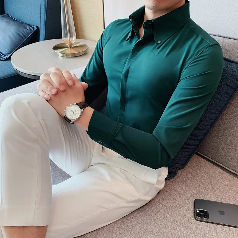 saferido Top Quality Men Spring High Quality Business Office Dress Long-Sleeved Shirts/Male Slim Fit Solid Color Lapel Shirt S-3XL