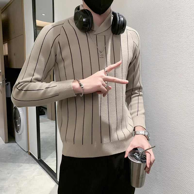 saferido Korean Style Men Winter High Quality Knitted Sweaters/Male Slim Fit Fashion Striped Casual Knit Sweater Men V-neck Pullover 3XL