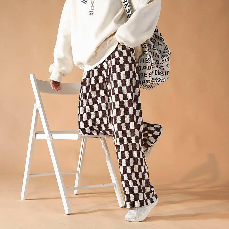 saferido Casual Straight Wide Leg Pants Men High Street Trend Mopping Pants Loose Overalls Contrast Color Plaid Printed Trousers Spring