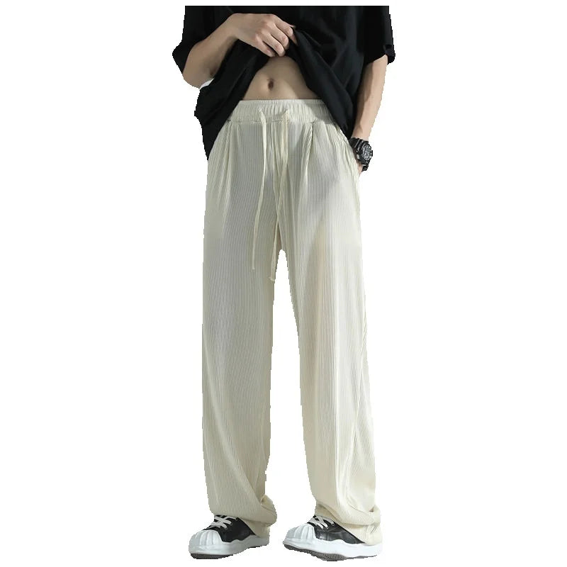 saferido Summer Pleated Pants Men Fashion Oversized Casual Ice Silk Pants Mens Japanese Streetwear Loose Straight Pants Mens Trousers
