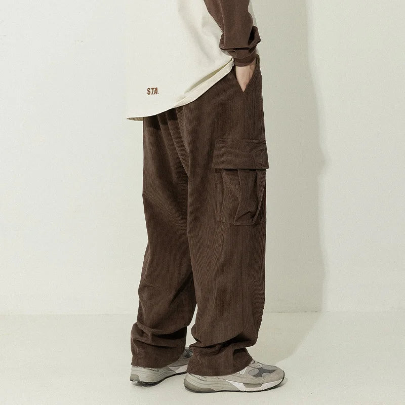 saferido Oversized Corduroy Pants Men Fashion Retro Pocket Cargo Pants Men Japanese Streetwear Hip-hop Loose Wide Leg Pants Mens Trousers Spring Autumn