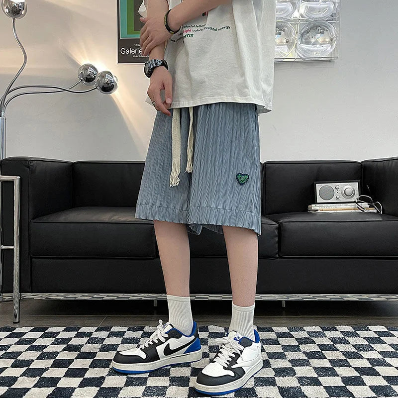 saferido Loose Beach Shorts Thin Summer Sports Straight Wide-leg Casual Pants Oversize Green Label Solid Pleated Five-point Pants Men
