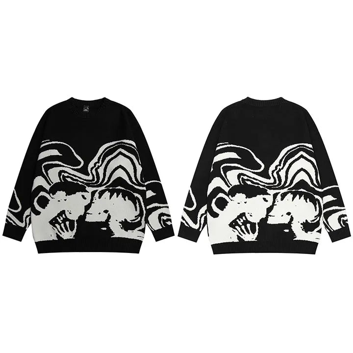 Men Streetwear Sweater Retro Painting Skull Graphic Hip Hop Knitted Sweater Vintage Pullover Casual Wool Sweater Hipster