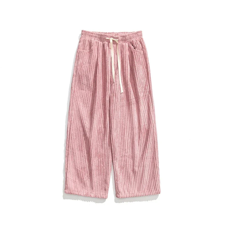 saferido Corduroy Pants Men's Straight Pants Solid Color Drawstring Unisex Wide Leg Oversized Trousers Casual Japanese Style Male Pants