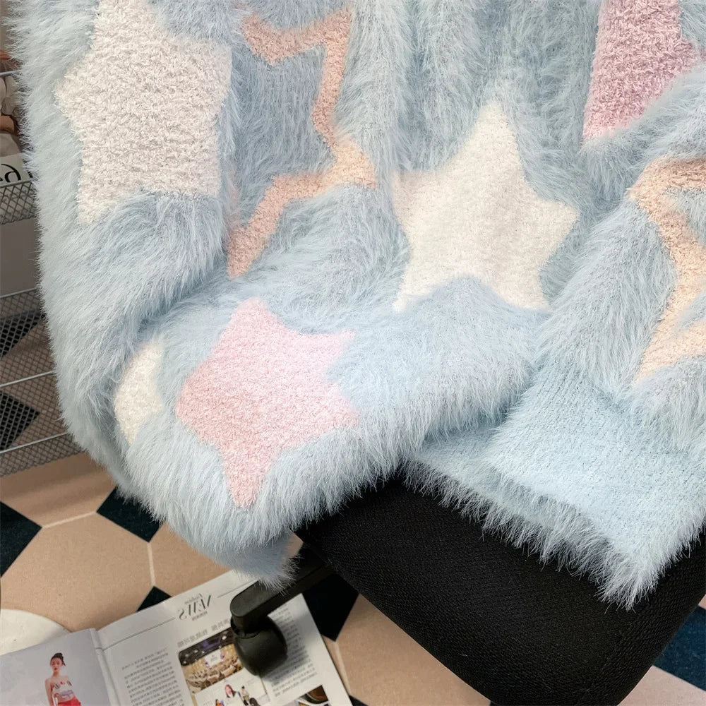 saferido Y2K Mohair Sweater Men Kawaii Sweet Knitted Pullovers Jumpers Long Sleeve O-Neck Sweater Male Korean Japanese Streetwear