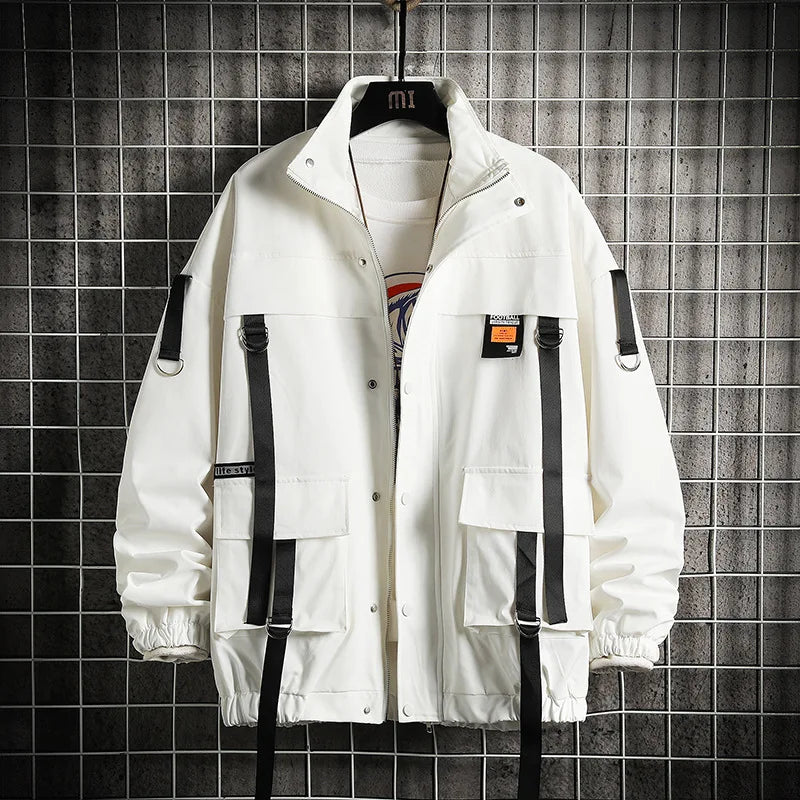 saferido New Ribbon Stand Collar Work Coat Men's Spring and Autumn Fried Street Personality Streamer Top Loose Large Size Jacket