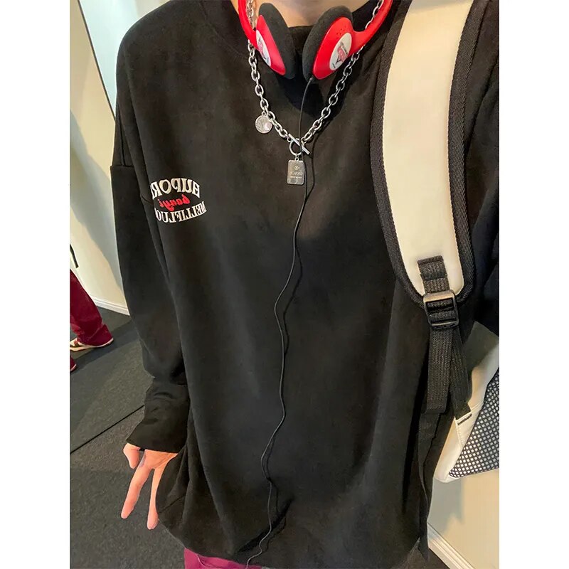 Autumn New Suede Sweatshirts Man Loose Urban Gothic Style Letter Printing Fashion Pullovers Street Tops Sweatshirt Harajuku Y2k