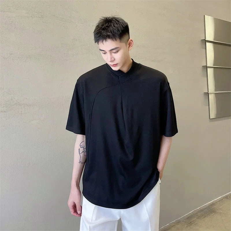 saferido Style Korean Personality Asymmetric Cross Rib Neckline Solid Colour Men's Casual Half Sleeve Tshirt New Fashionable Tops