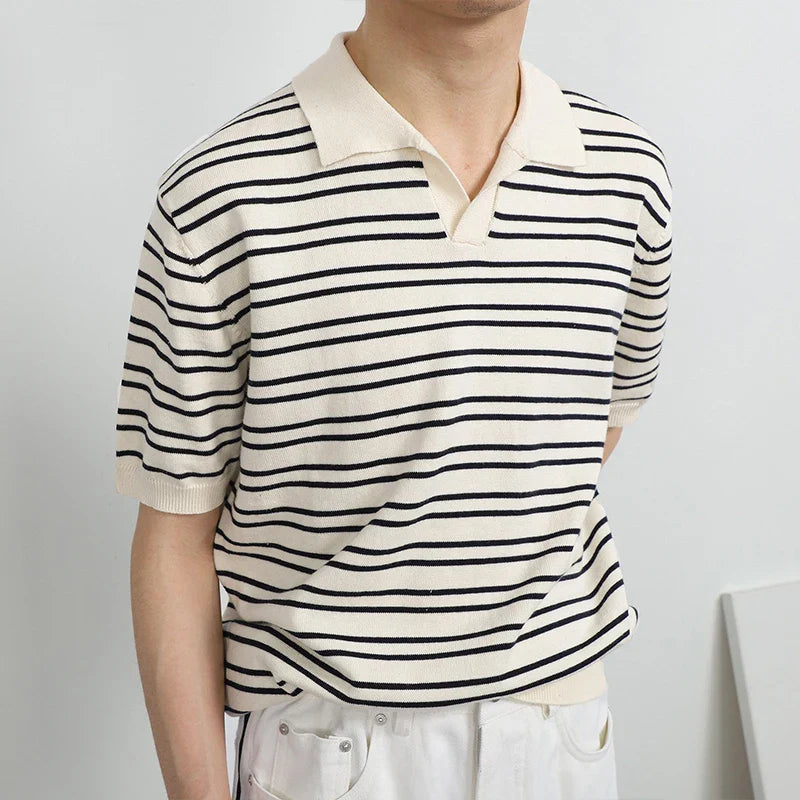 Summer Men's Clothing Light Luxury Knitted Polo Shirt Leisure Striped V-Neck Solid Color Short Sleeve Fashion Retro Knitwear
