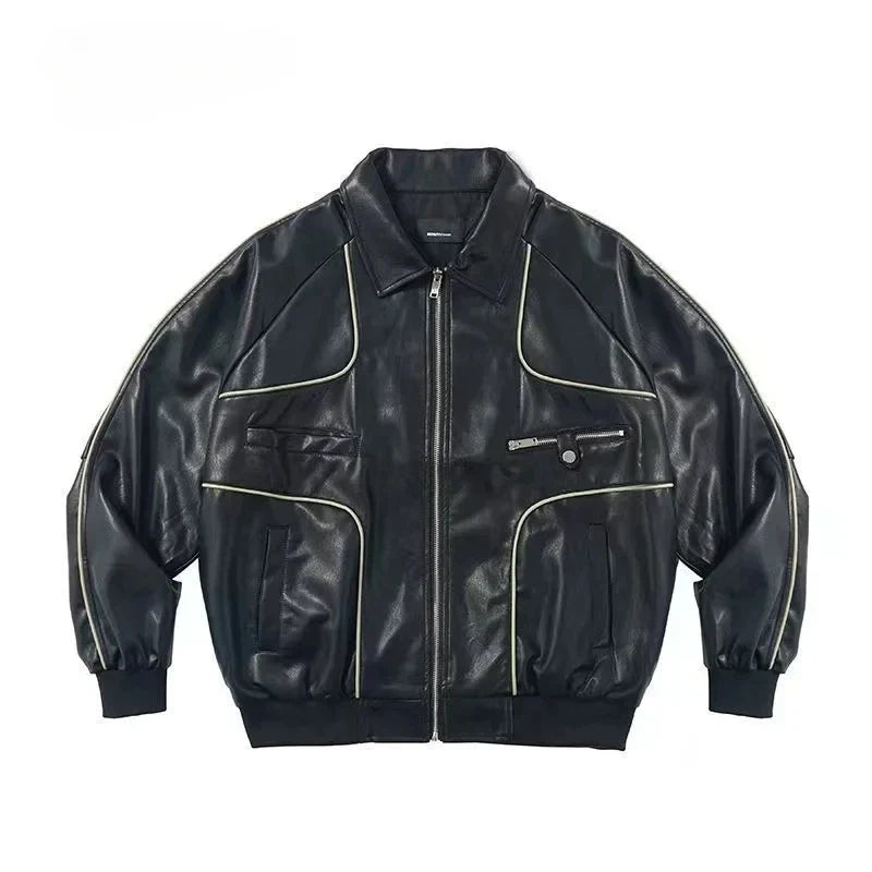 saferido American Vintage Up Leather Jacket Autumn New Street Trend Lapel Coat Men Hip Hop Harajuku Punk Casual Loose Motorcycle Jacket