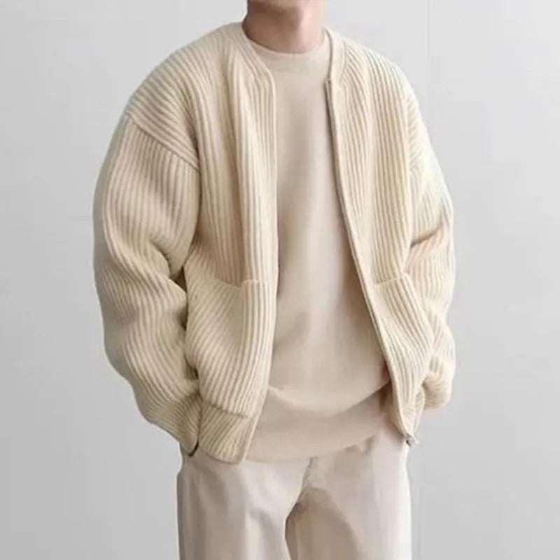 Autumn Winter Solid Color Simple Cardigan Coat Hombre Round Neck Zipper Pocket All-match Knitted Top Male Outwear Female Clothes