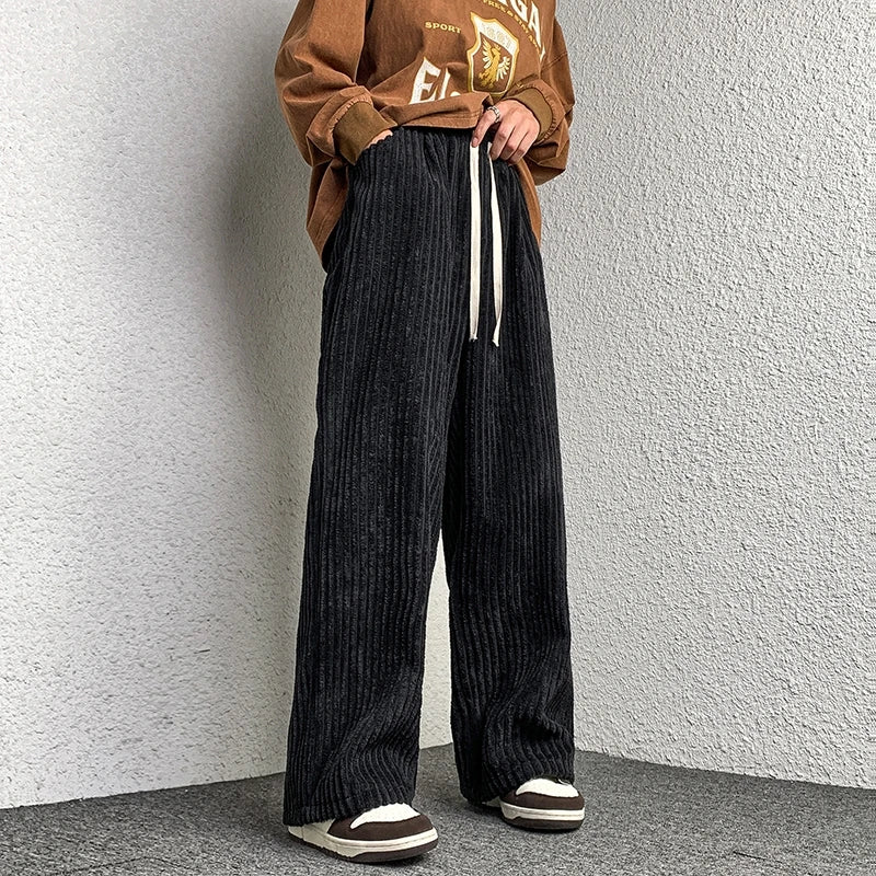 saferido Corduroy Pants Men's Straight Pants Solid Color Drawstring Unisex Wide Leg Oversized Trousers Casual Japanese Style Male Pants