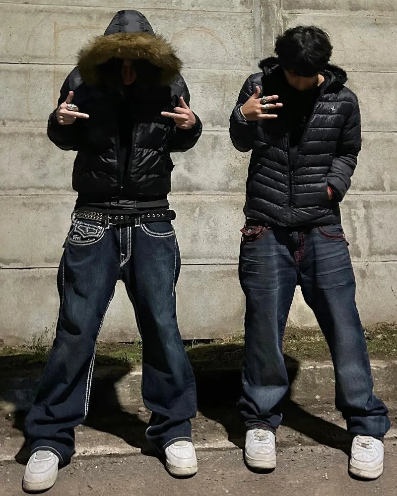 Y2K New Fashion Embroidered Solid Color Jeans Men Street Harajuku Hip Hop Gothic Casual Jeans Couple High Waist Wide Leg Pants