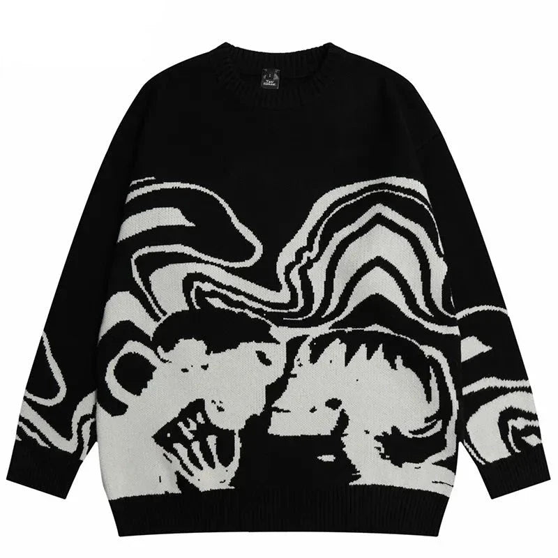 Men Streetwear Sweater Retro Painting Skull Graphic Hip Hop Knitted Sweater Vintage Pullover Casual Wool Sweater Hipster