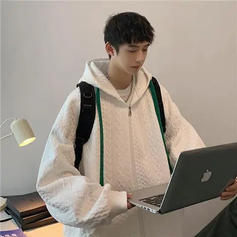 Autumn Hoodies Men's Plaid Solid Color Loose Korean Cardigan Sweatershirt Harajuku Long-sleeved Zipper Casual Hoodie Jacket