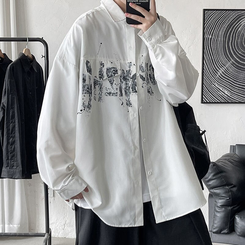 Letter Printed Men Shirts Streetwear Oversize Male Blouses Spring Autumn All-match Long Sleeve Cardigan Tops