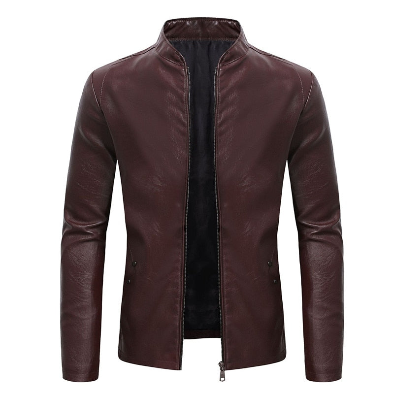 Men's Spring and Autumn New Business Casual Slim Long-sleeved Pu Leather Jacket Jacket Side Seam Pocket Zipper Solid Color
