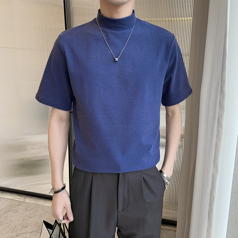 7Colors Solid Turtleneck Short Sleeve T-Shirts For Men Clothing Simple All Match Comfortable Casual Tee Shirt Homme Sale