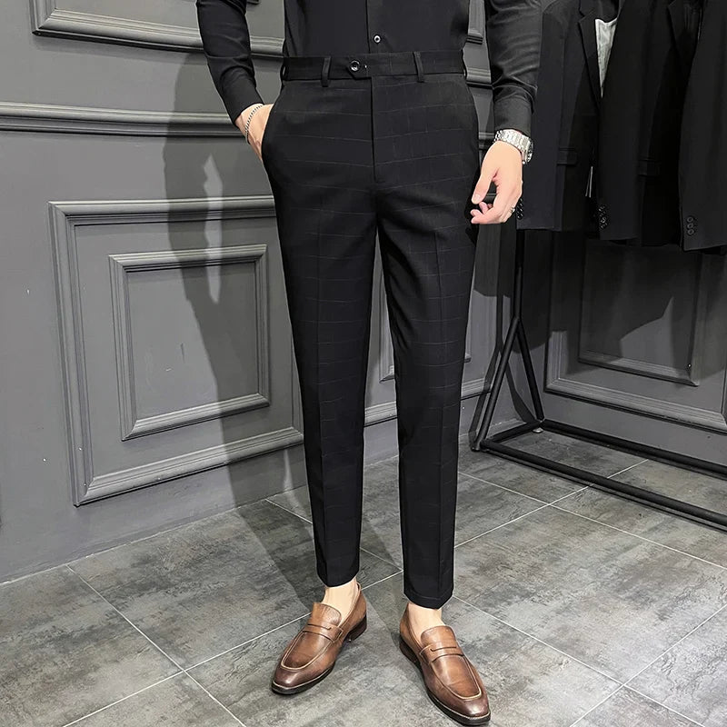 saferido Spring Summer New Plaid Dress Pants Men Clothing Business Formal Wear Slim Fit Office Trousers 36 38