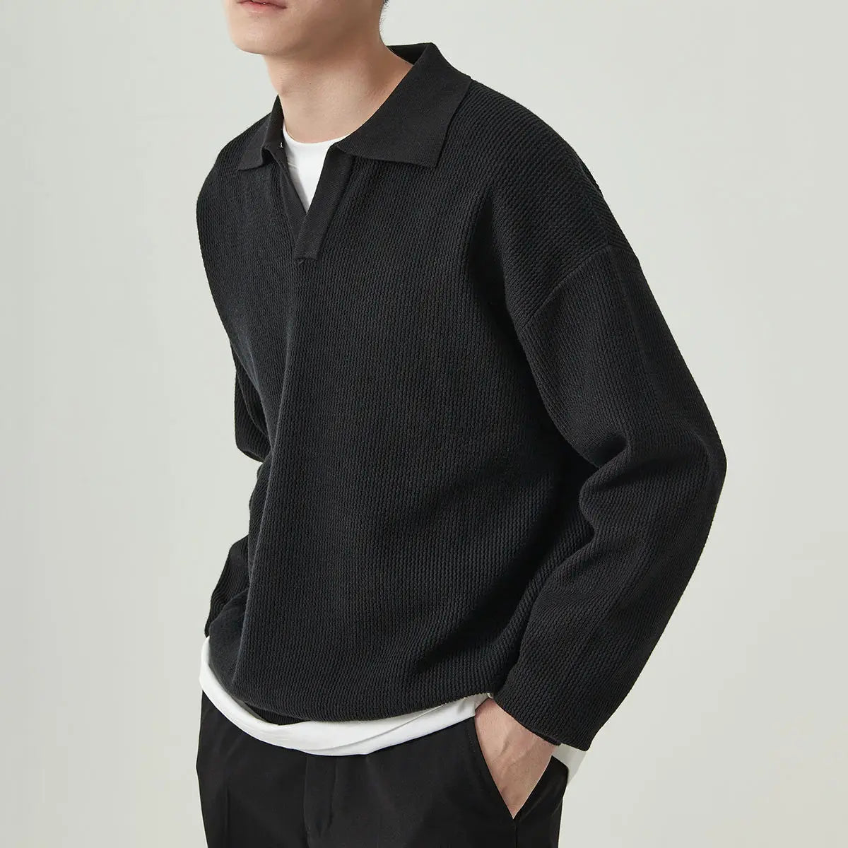 Designed Winter Small V-neck Pullover Knitted Sweater Men Retro Polo Collar Loose High-end Simple Solid Color Vintage Sweater